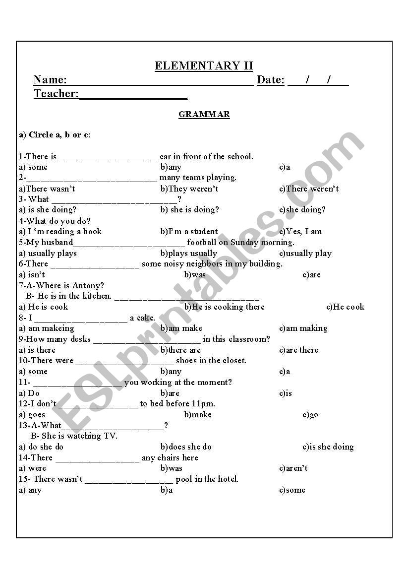 Elementary II Test / activity worksheet