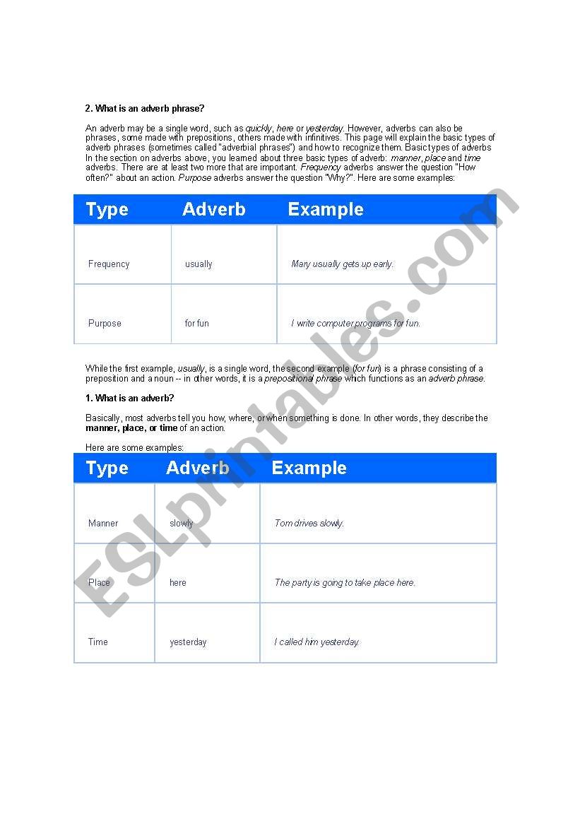 adverb phrases worksheet