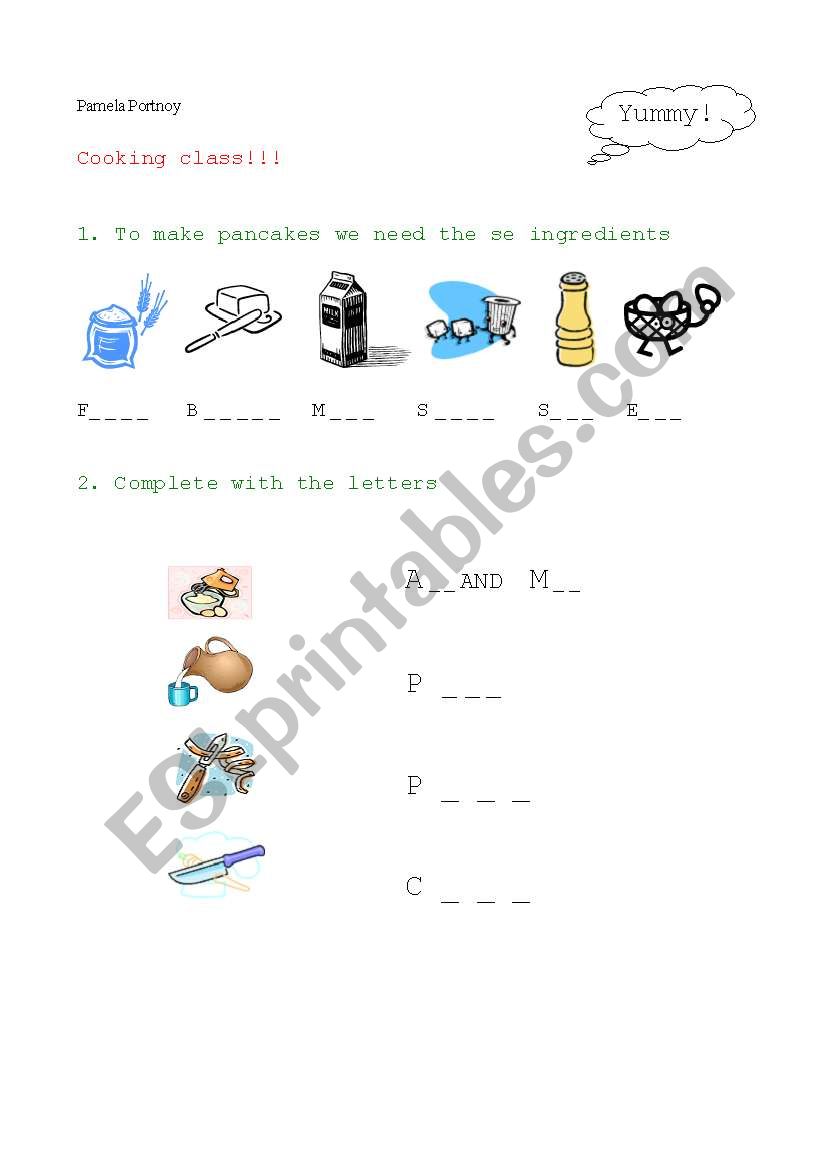 Cooking class worksheet