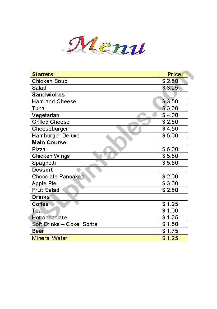 Fast food menu worksheet