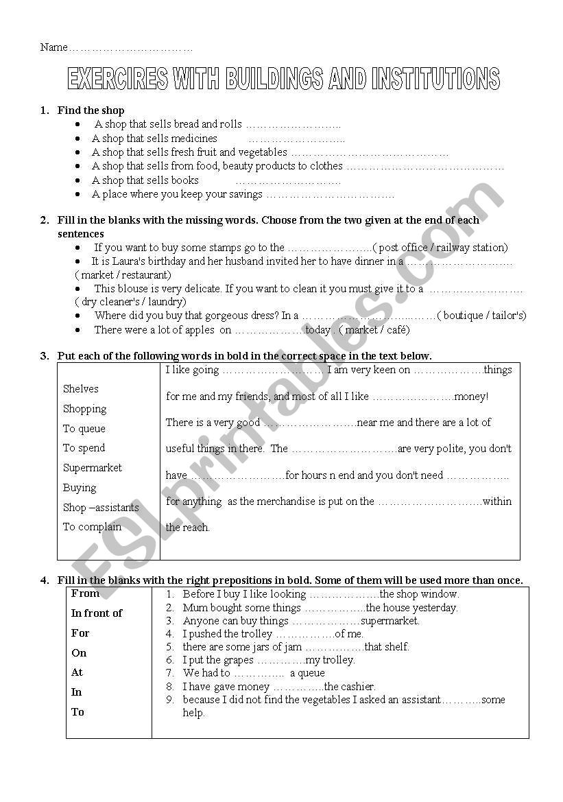 exercises with buildings , institutions and prepositions