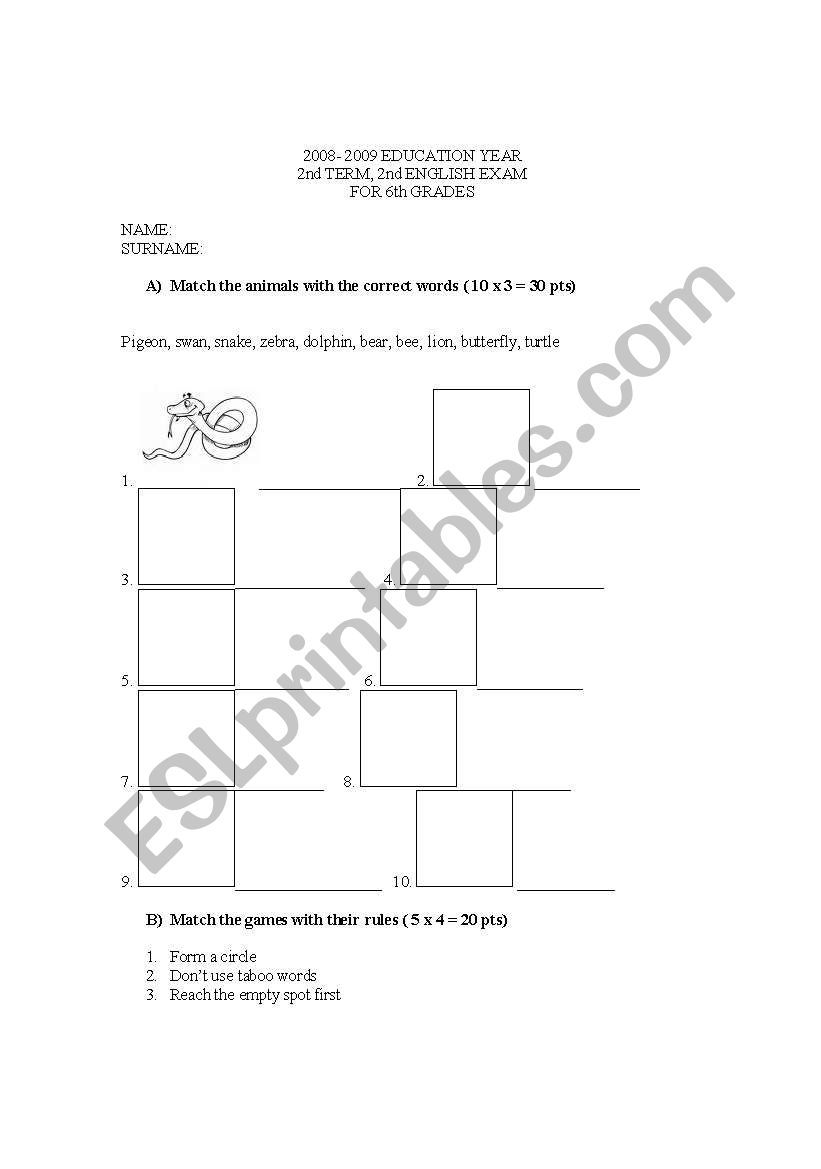 exam worksheet