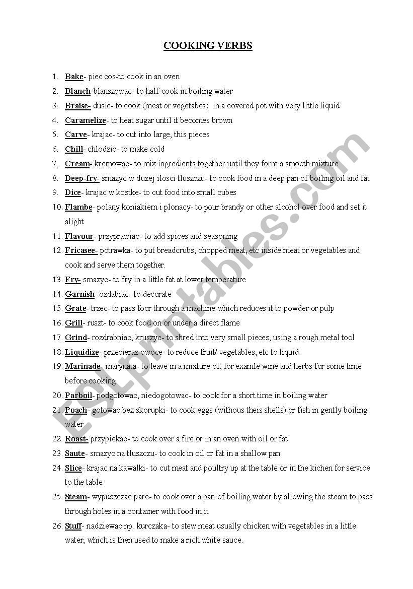 cooking verbs worksheet