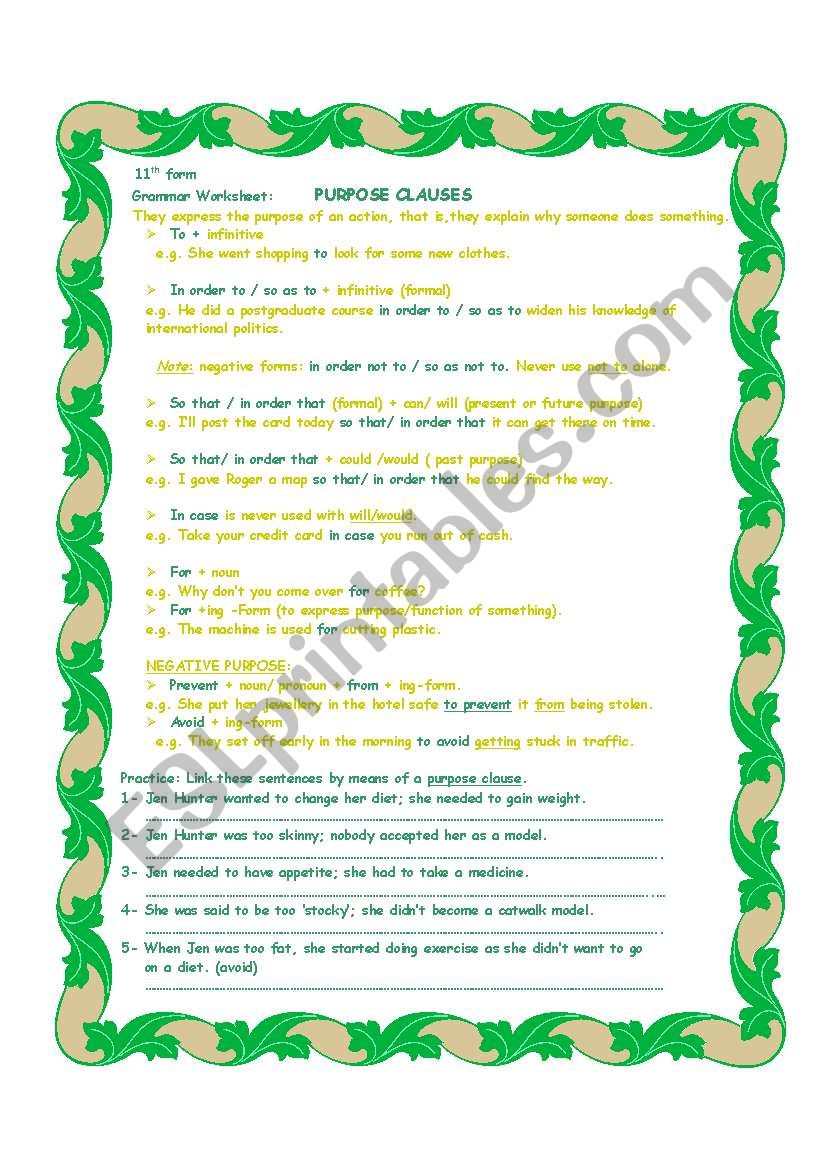 Purpose Clauses+ exercise worksheet