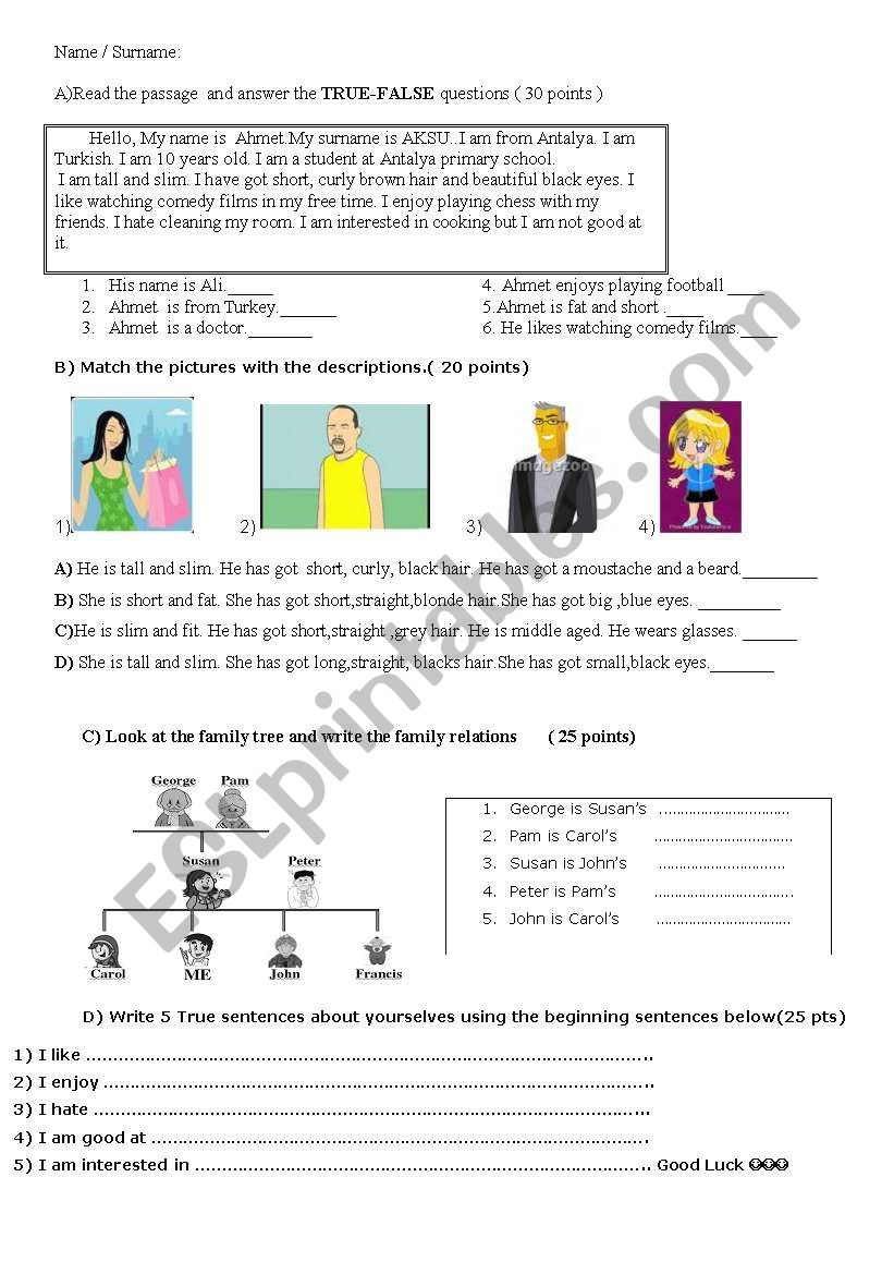 family and describing people worksheet