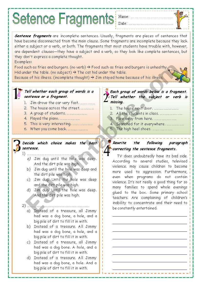 Esl Sentence Fragment Worksheet