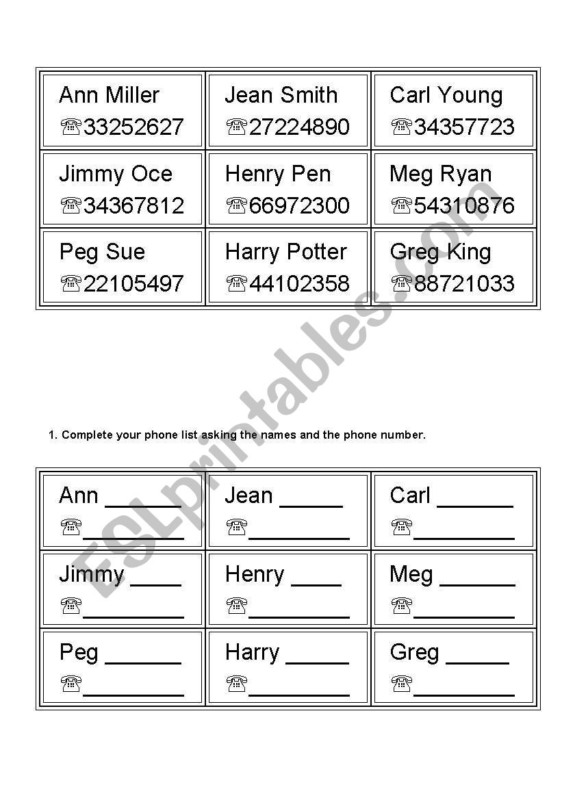 Find the phone number worksheet