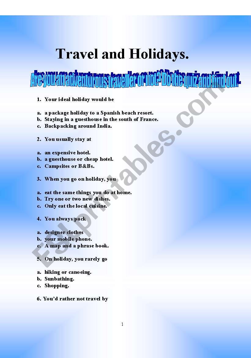 Travel and holidays worksheet