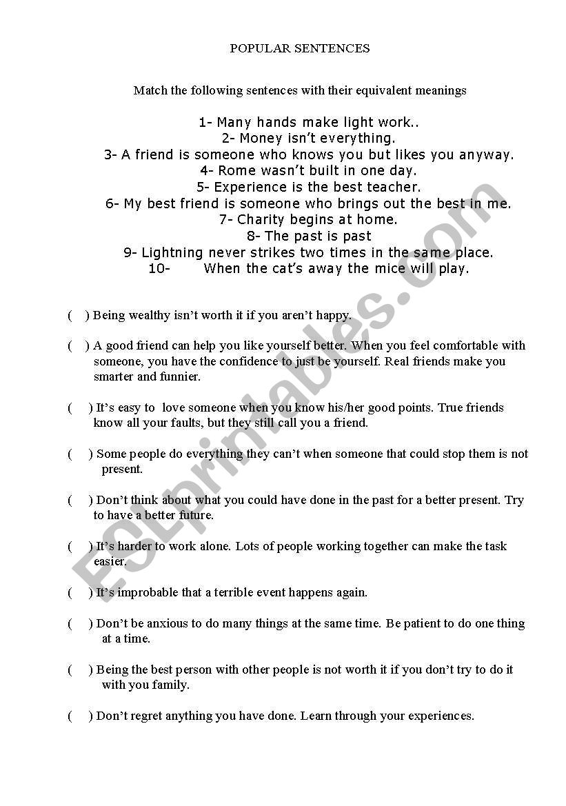 Popular sentences worksheet