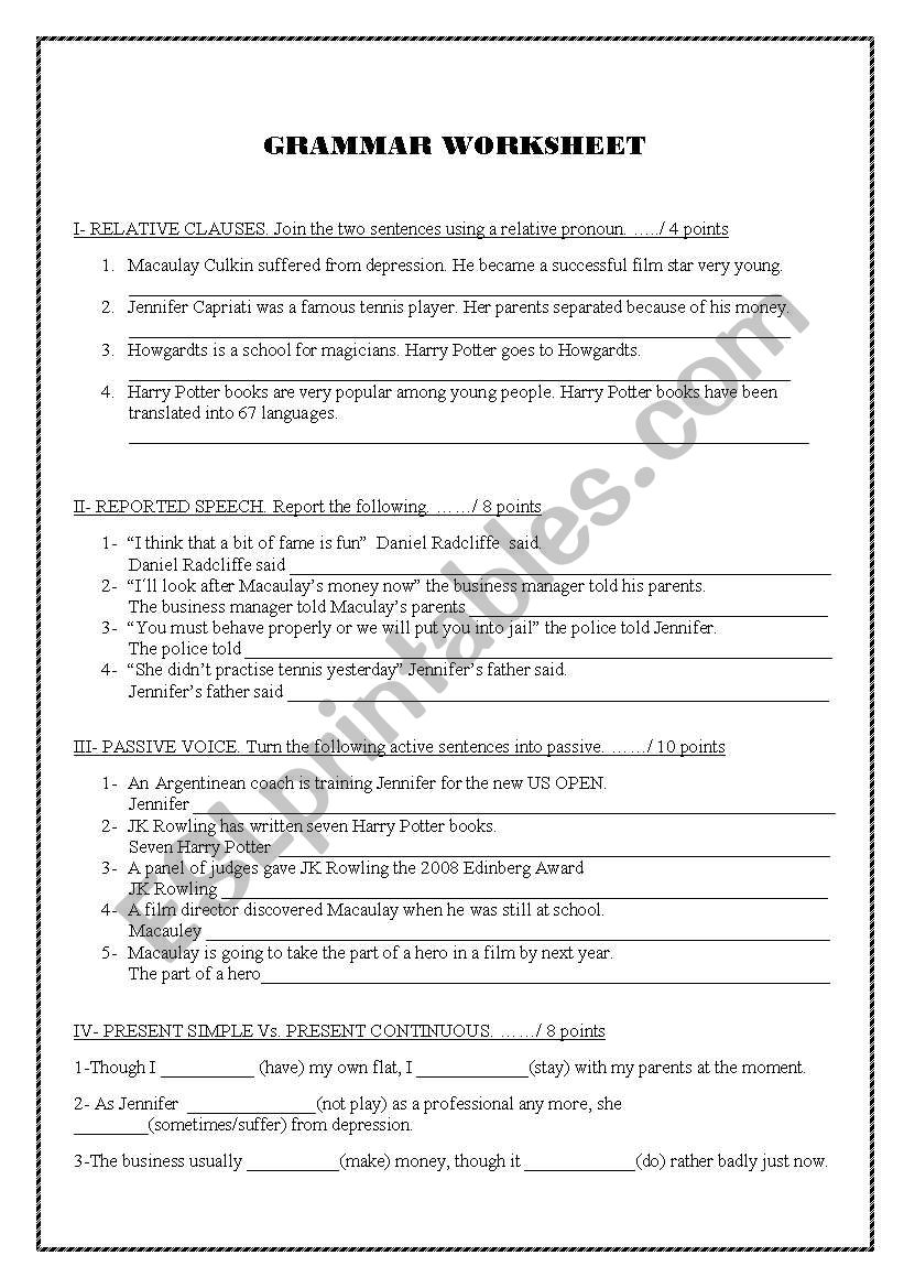 Grammar Worksheet worksheet