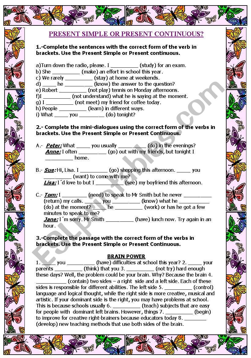 Present simple or continuous? worksheet