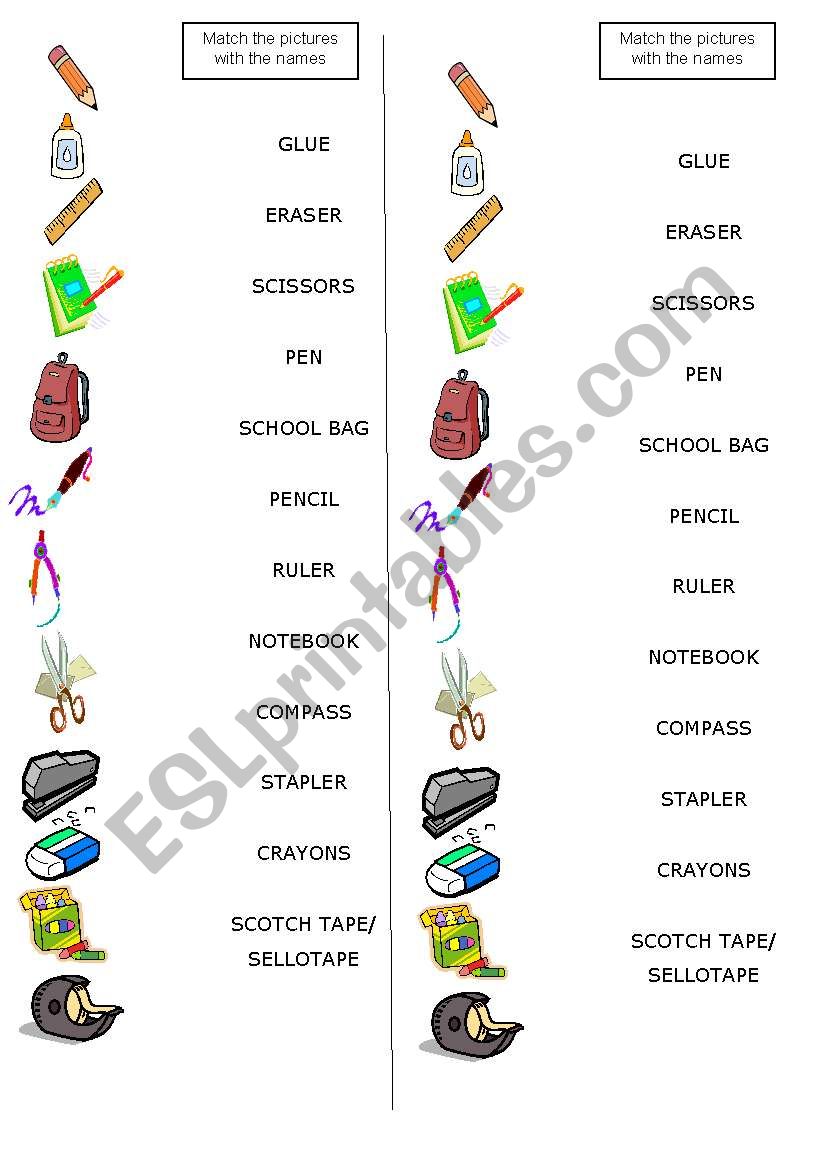School objects Read and Match worksheet