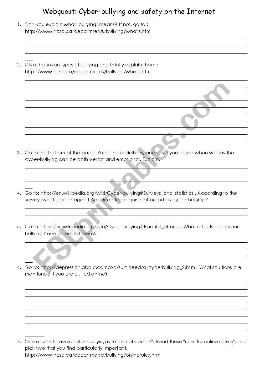 Cyber-Bullying Webquest worksheet