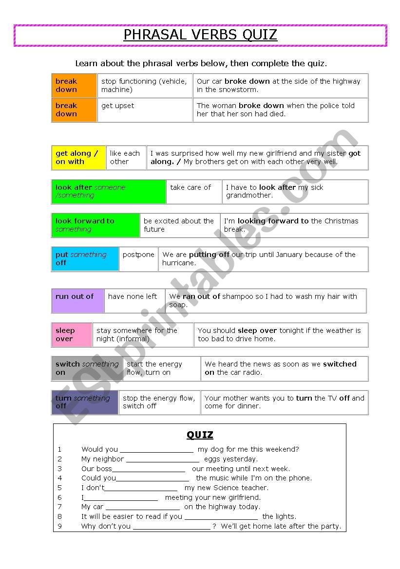 Phrasal Verbs Quiz worksheet