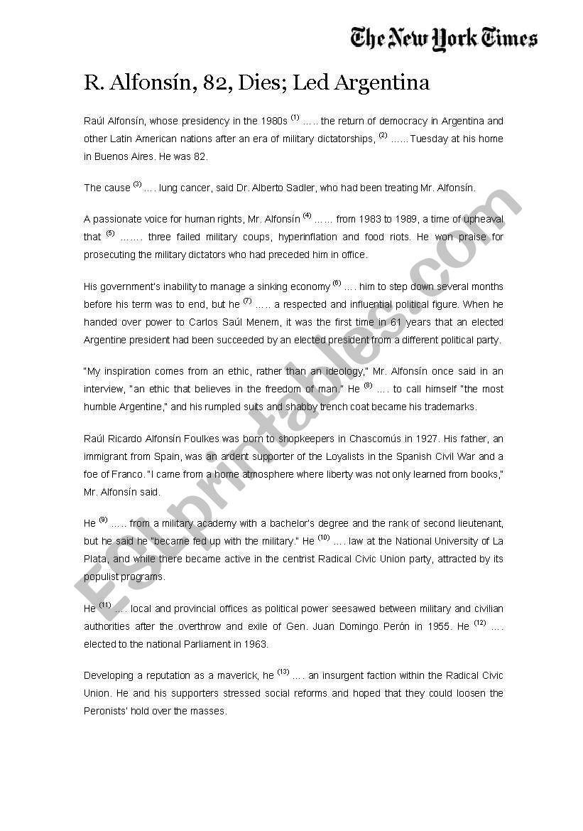 Raul Alfonsin worksheet