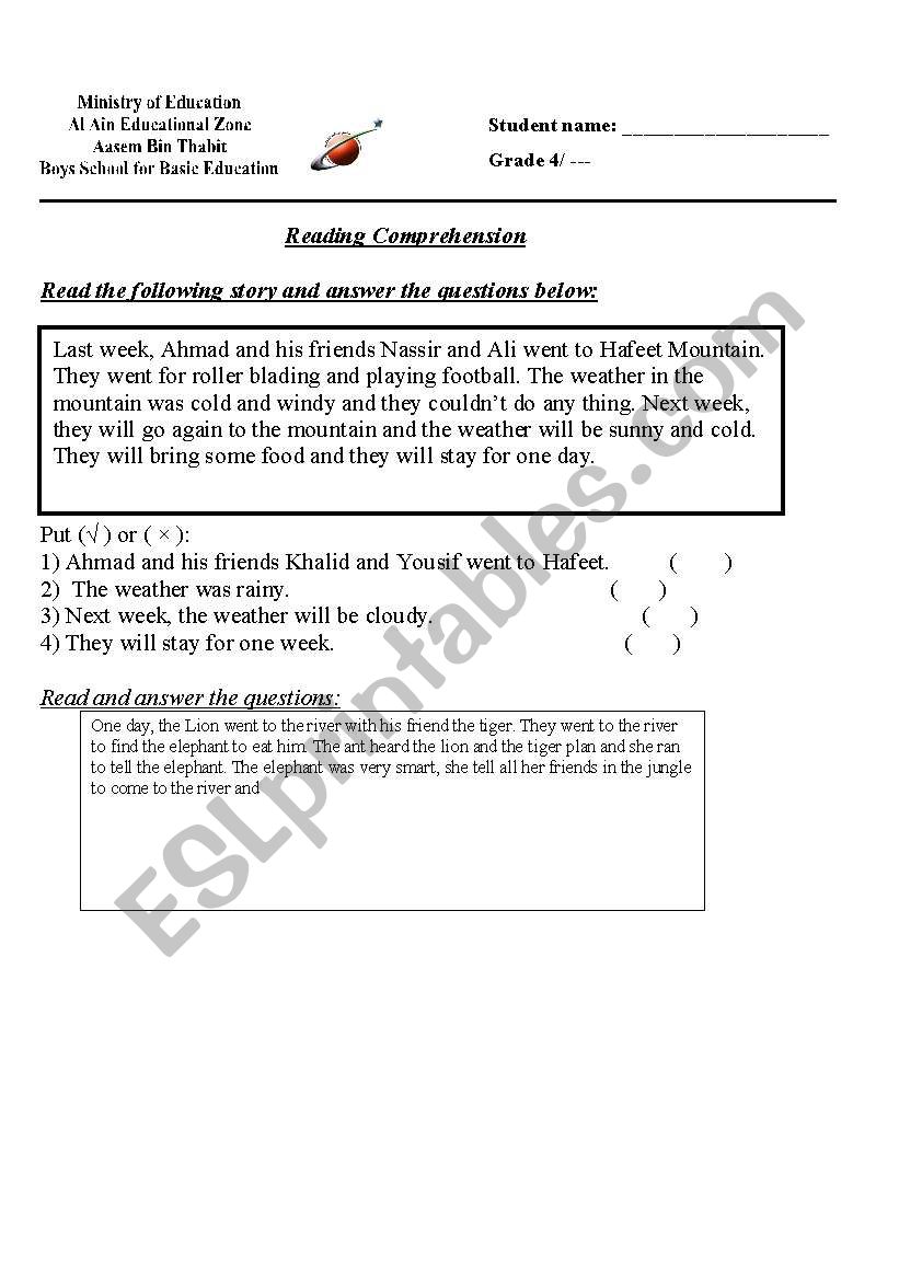 reading test worksheet