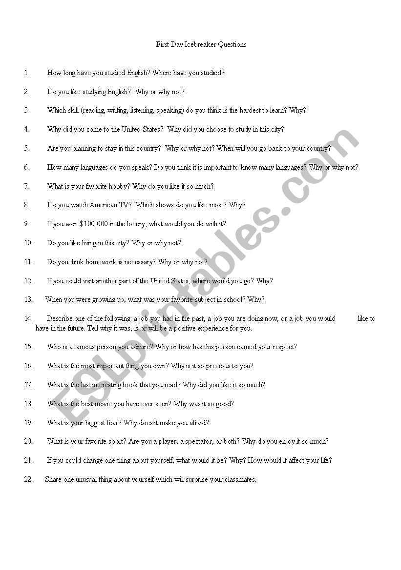 1st Day Icebreaker Questions worksheet