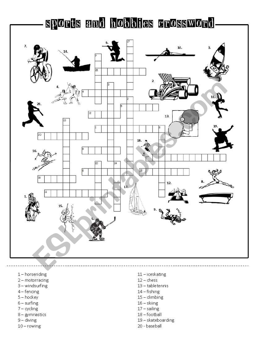 SPORTS AND HOBBIES CROSSWORD black&white printer-friendly