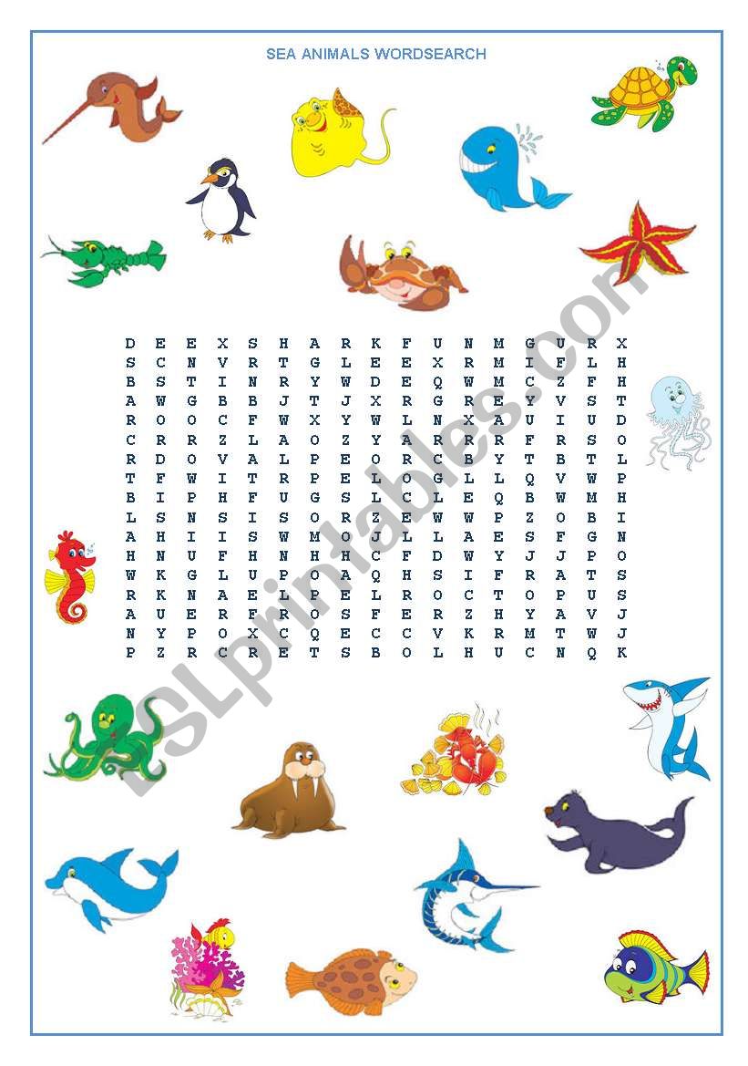 Sea  Animals Wordsearch worksheet