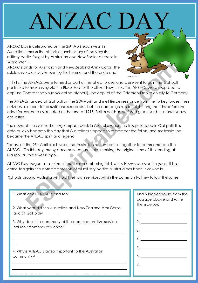 ANZAC Day in Australia.  worksheet