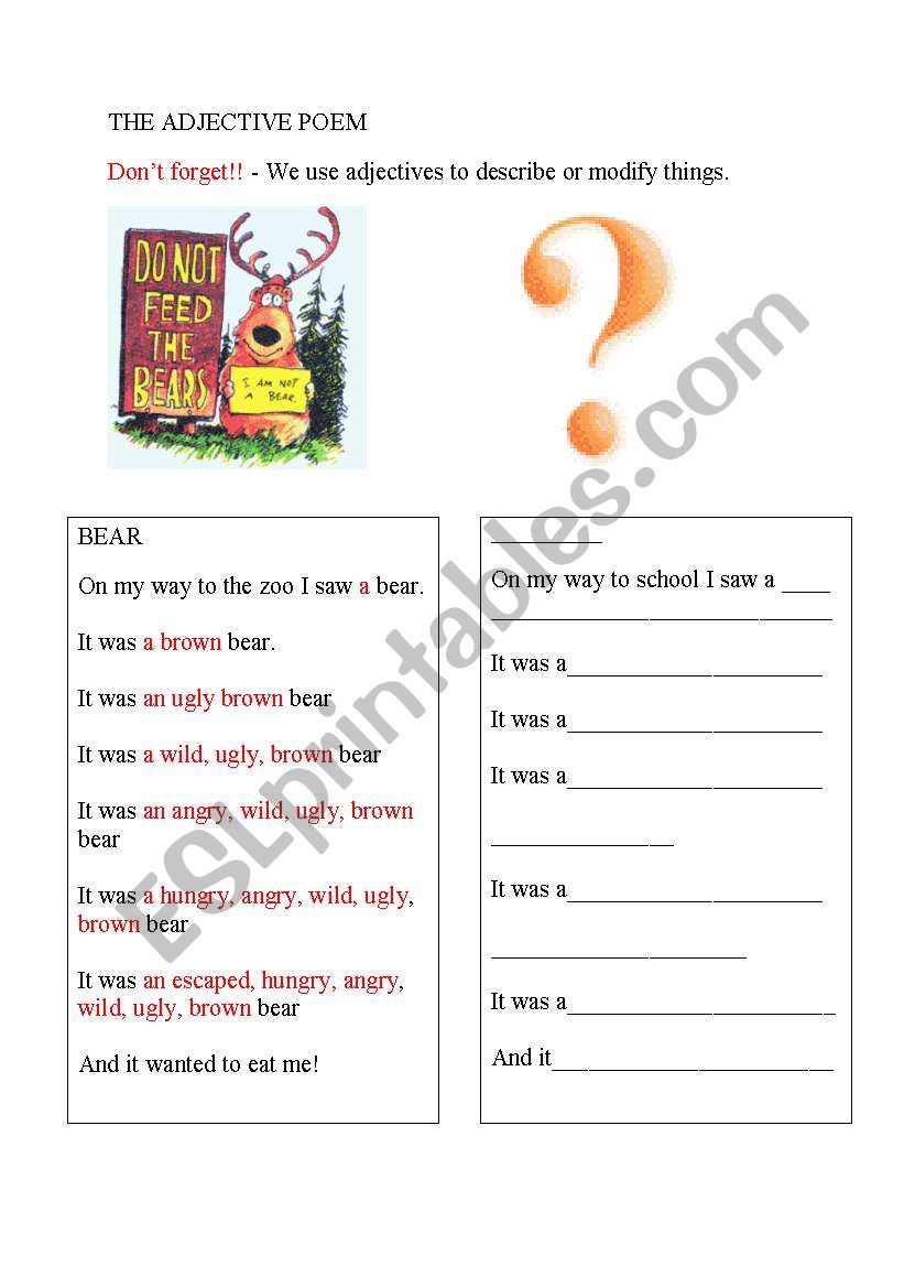 adjective poem worksheet