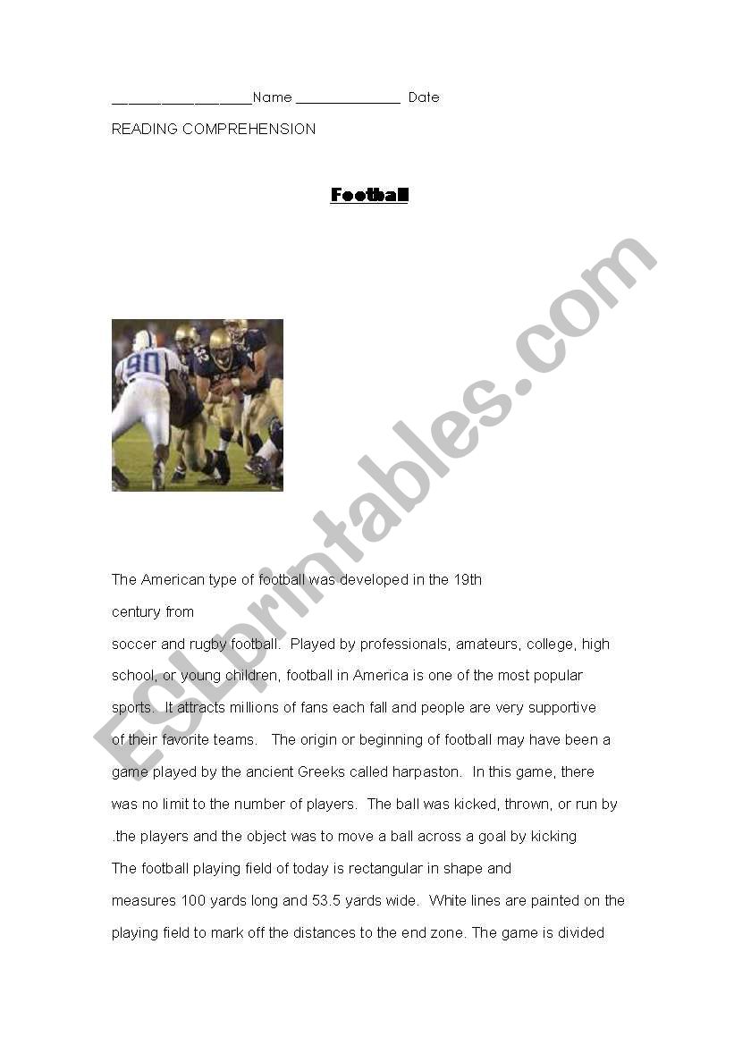 American Football worksheet