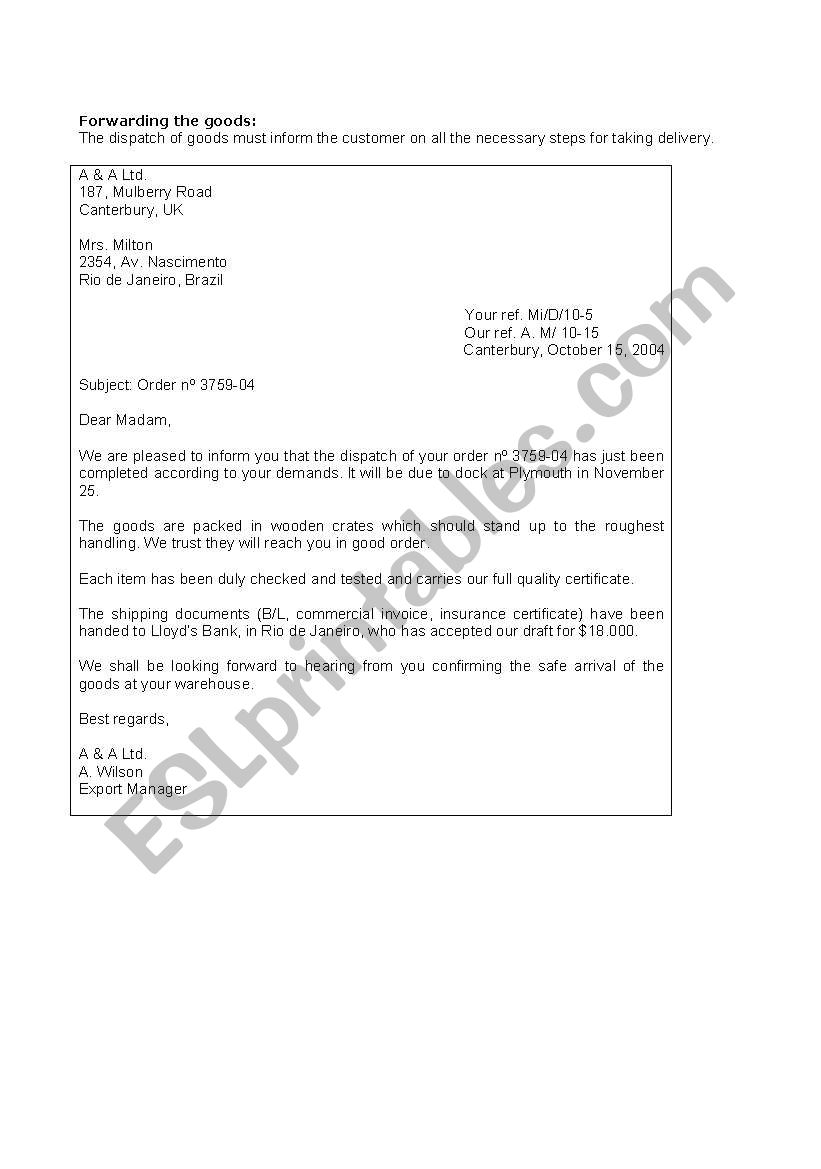 English Worksheets Business English A Formal Letter Forwarding Goods