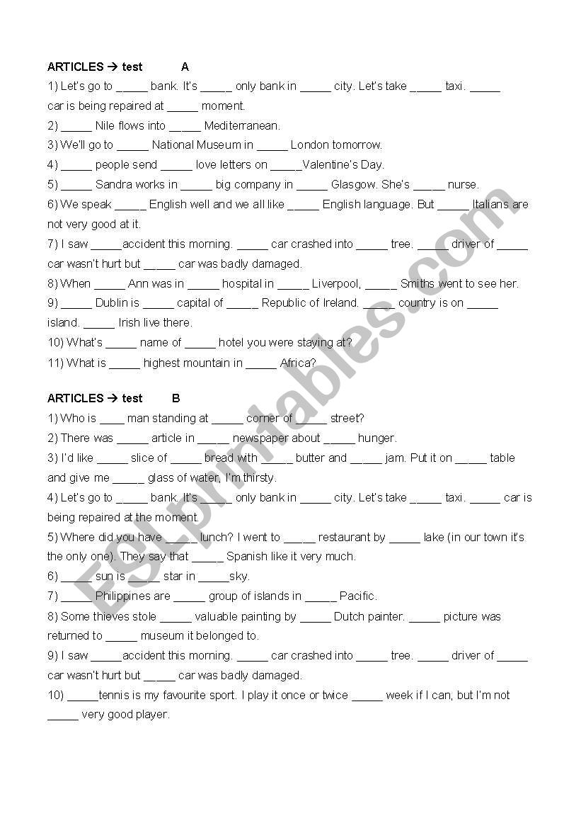 The articles test / practice worksheet