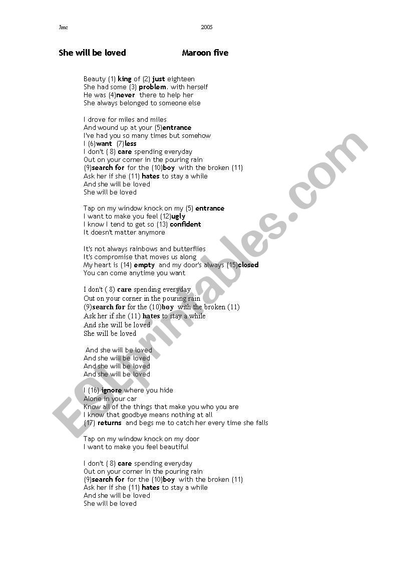 Song: She will be loved worksheet