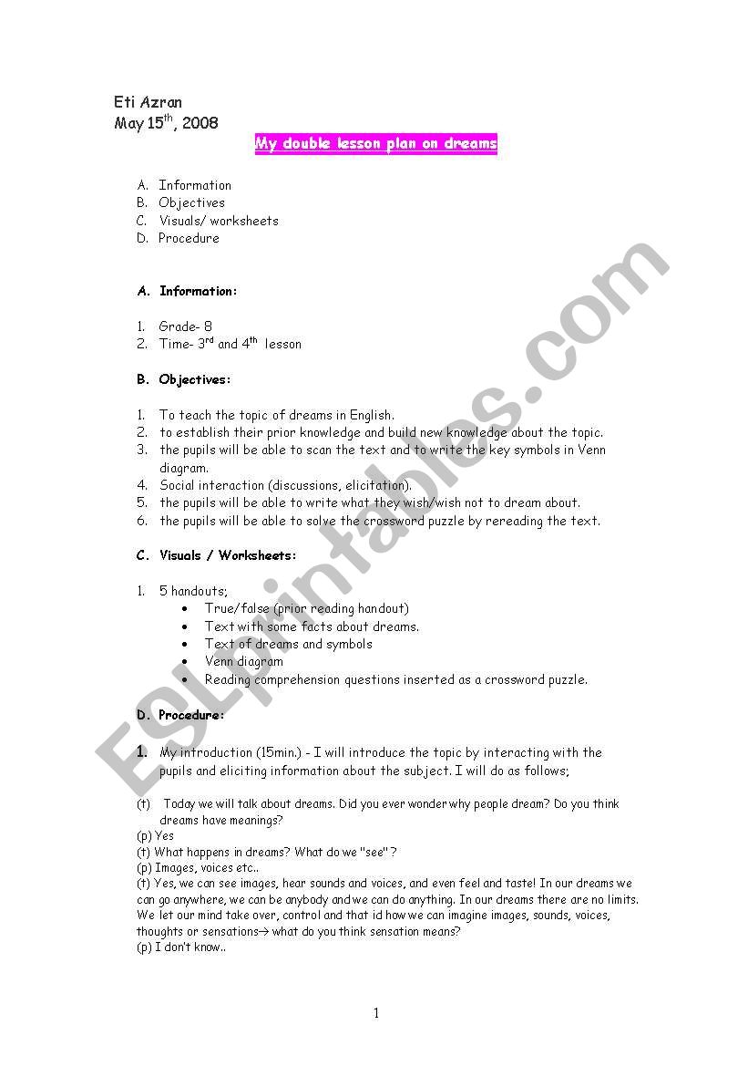 dream lesson worksheet