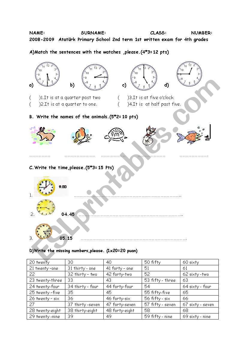 4th class exam worksheet