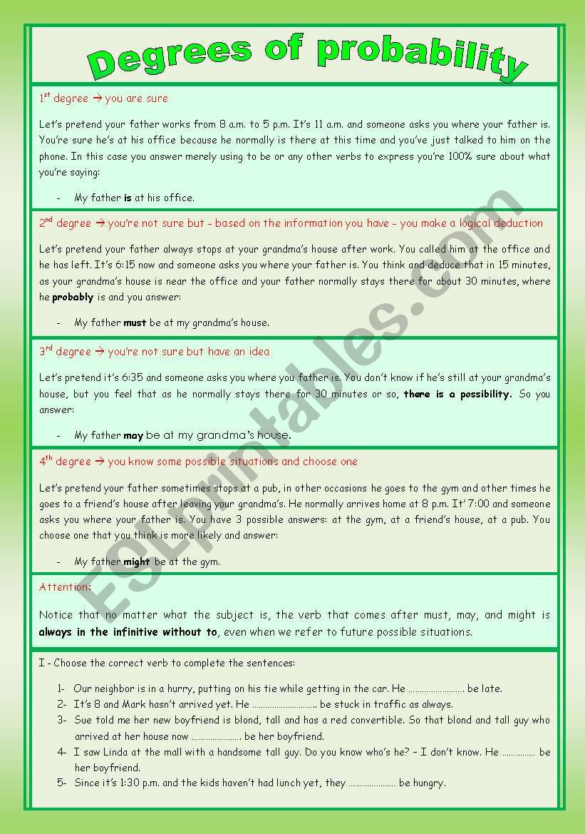 Degrees of probability worksheet