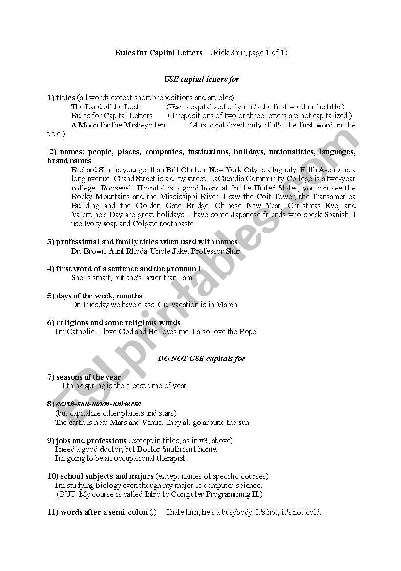 Rules for Capital Letters worksheet