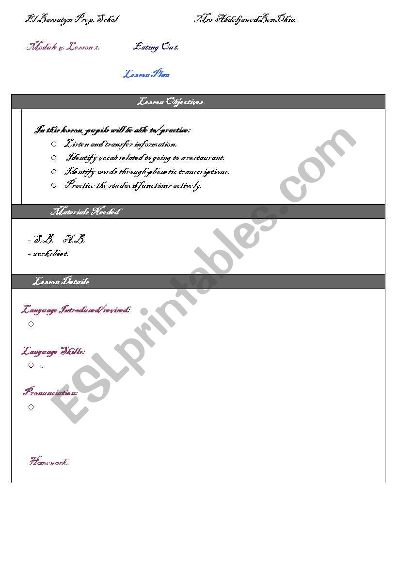eating out lesson plan worksheet