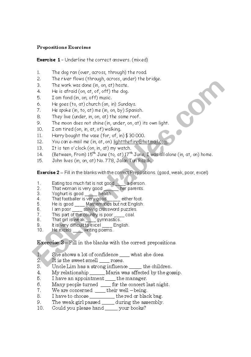 Prepositions Exercises worksheet