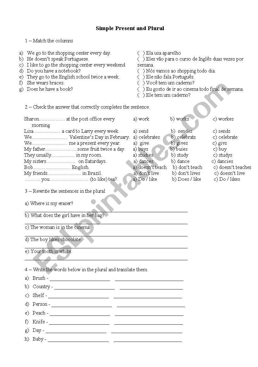 Simple Present and Plural worksheet