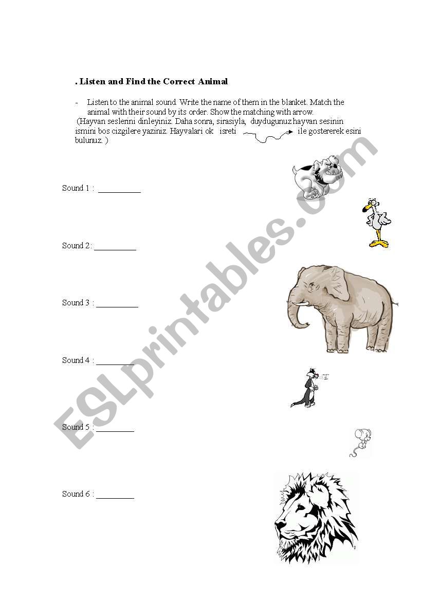match the Animals  and sounds - Litening Activity 