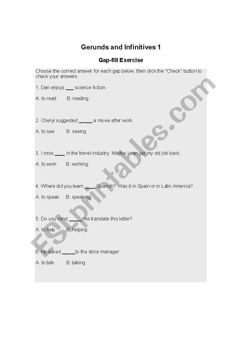 Gerunds and Infinitives worksheet