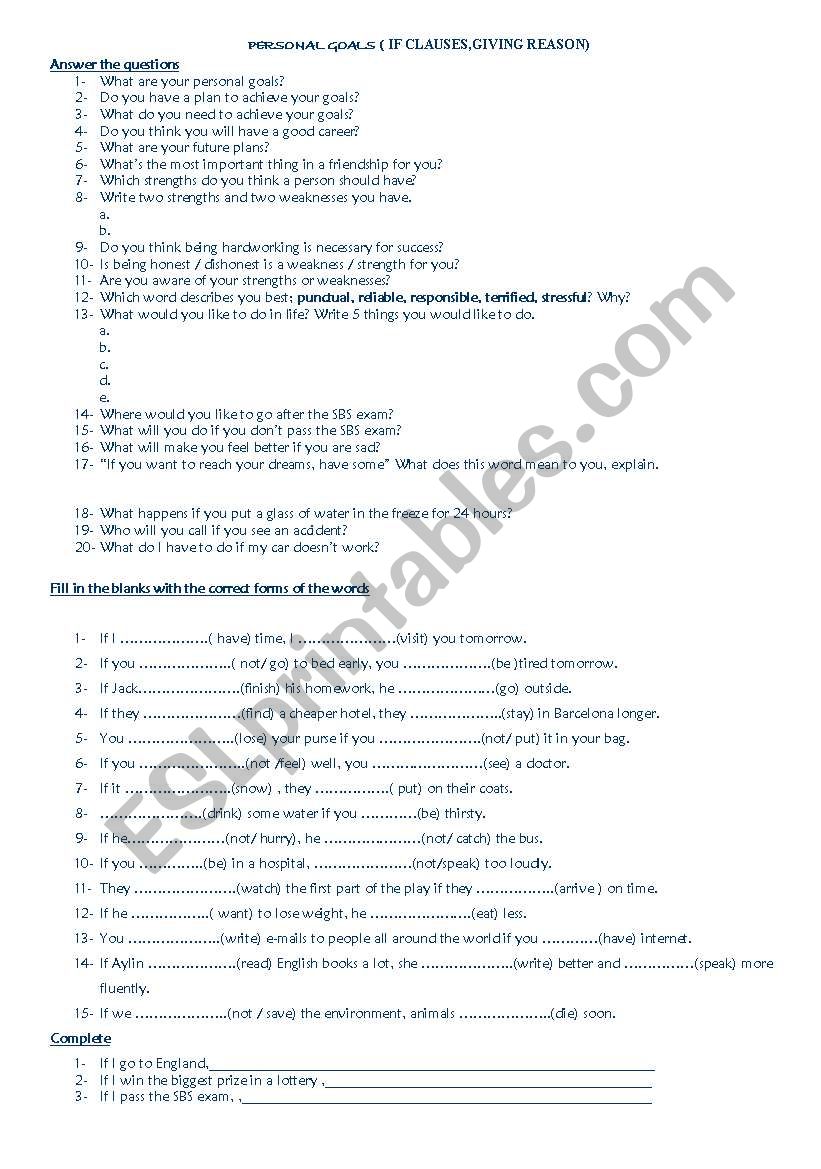 PERSONAL GOALS worksheet