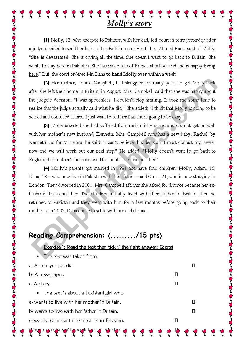 mollys story worksheet