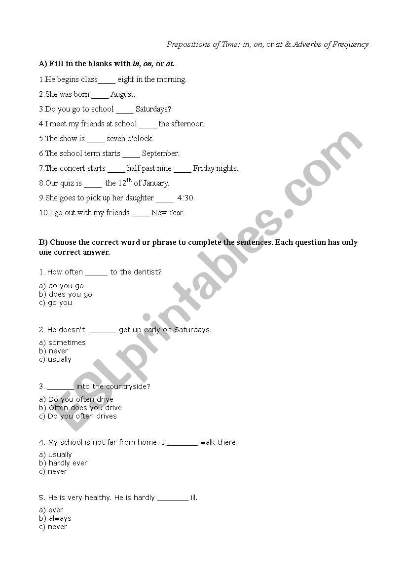 prepositions of time worksheet