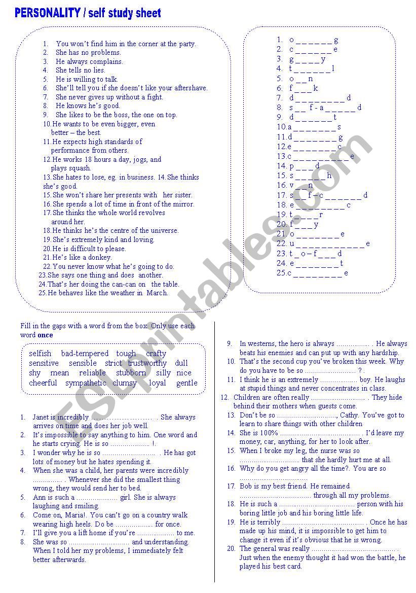 unit 12 8thyear spot on personality adj /prefix (negative) self study sheet