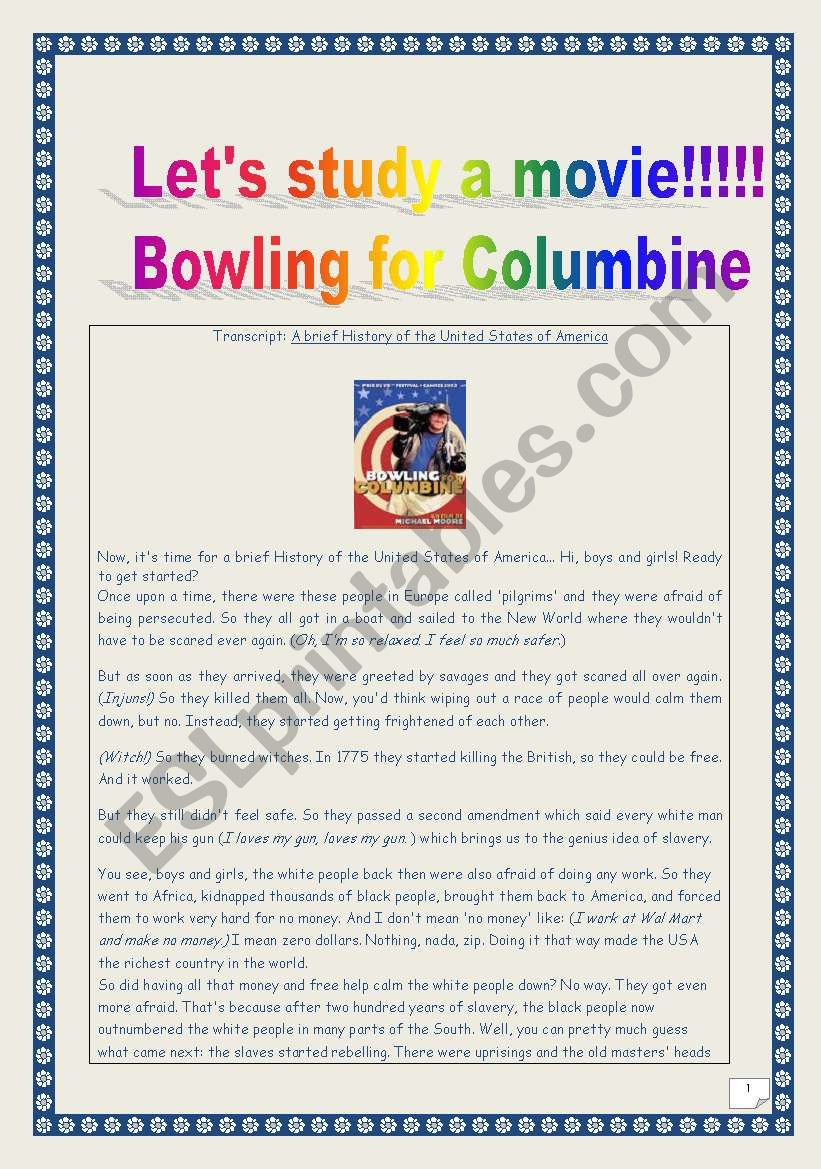 Video time: extract from BOWLING FOR COLUMBINE (hIstory of the USA CARTOON): COMPREHENSIVE lesson plan & worksheet (Printer-friendly: 4 PAGES) 