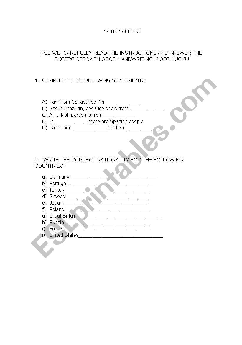 NATIONALITIES EXAM worksheet