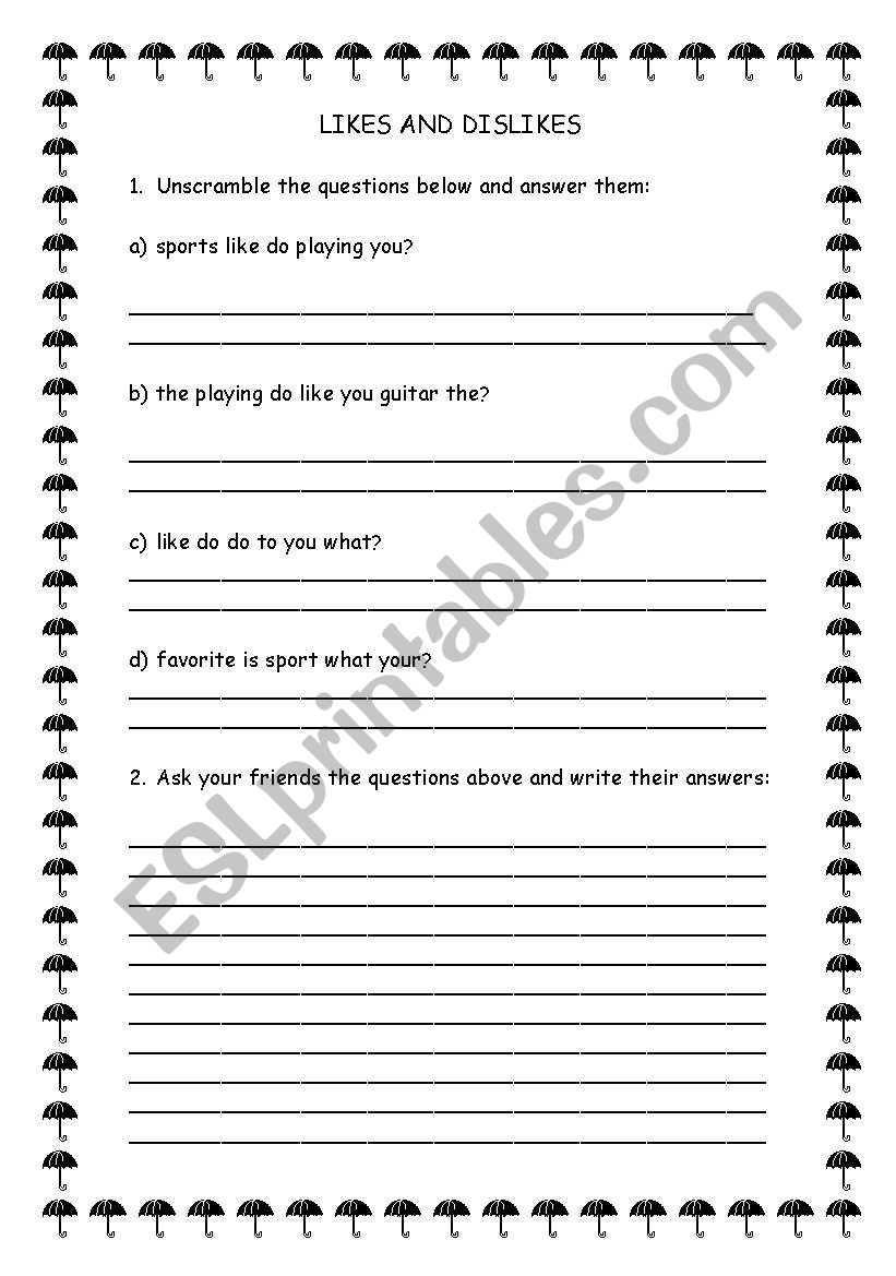 Likes and dislikes worksheet