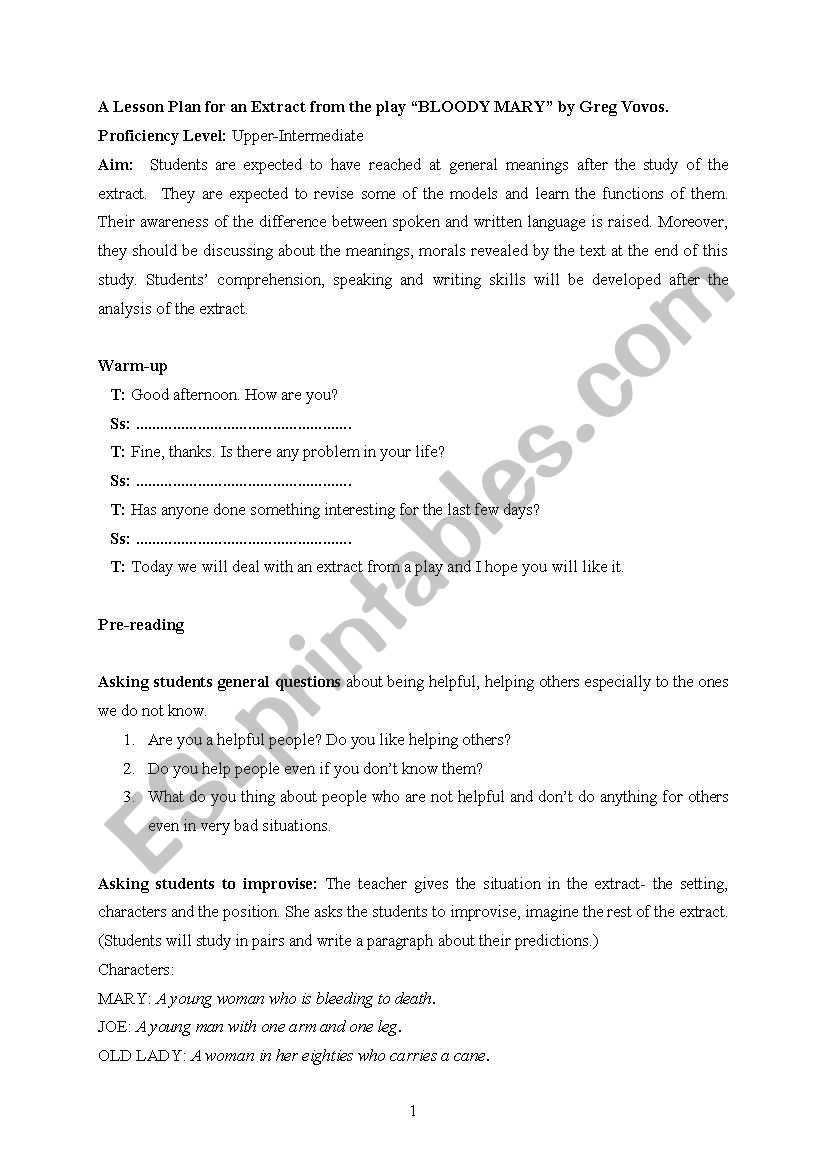 bloody mary worksheet