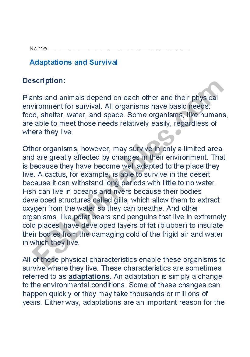 Adaptations and Survival - Comprehension
