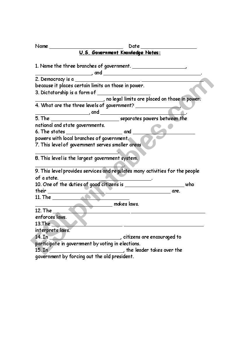 United States Government worksheet