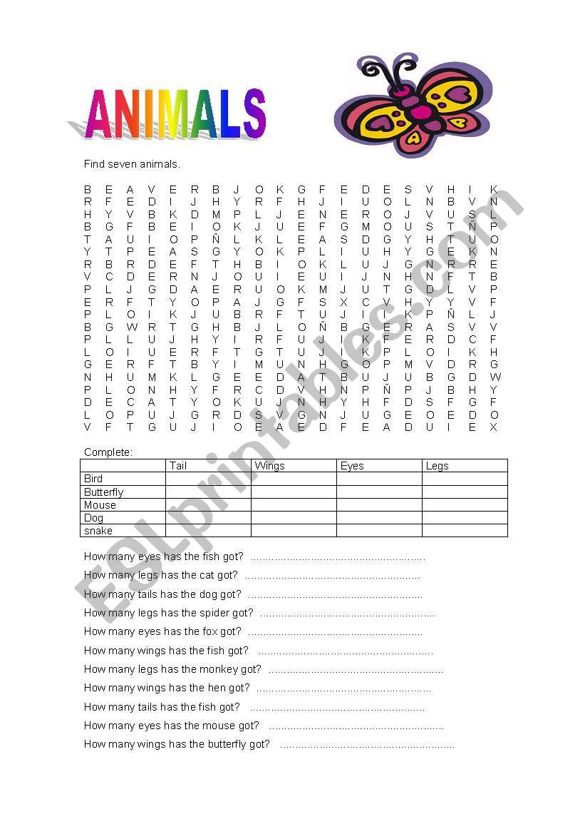 ANIMALS worksheet