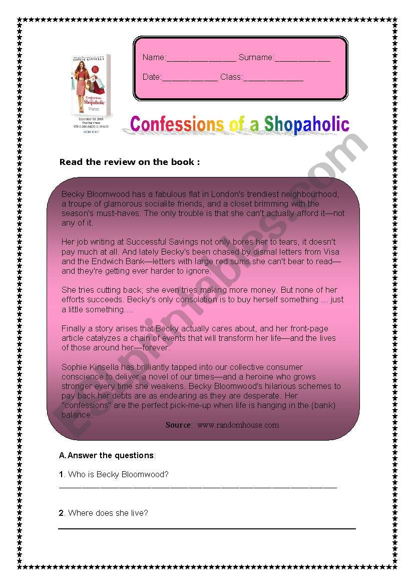 Nice worksheet on tha book Shopaholic Confessions!